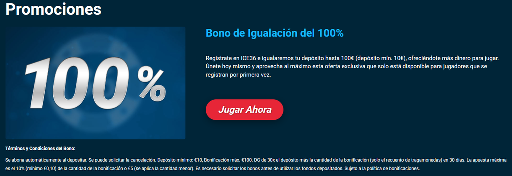 ICE36 Casino bono de igualación 100 por ciento hasta 100 euros deposito mínimo 10 euros