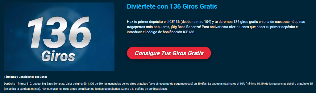 ICE36 Casino 136 giros gratis Big Bass Bonanza codigo ICE36 deposito minimo 10 euros