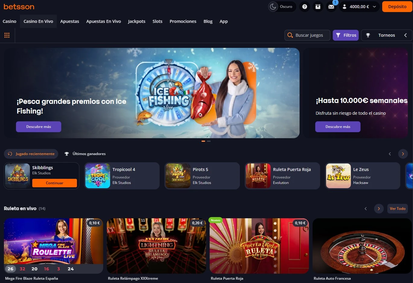 Casino en vivo Betsson España con Ice Fishing Live y ruleta en vivo Mega Fire Blaze, Lightning XXXtreme, Puerta Roja y Auto Francesa