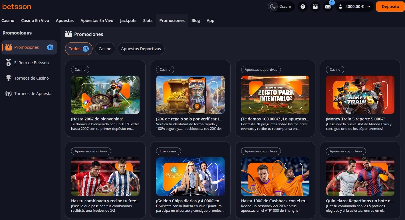 Promociones oficiales de Betsson Casino España con hasta 200€ de bienvenida y 20€ de regalo por verificar cuenta