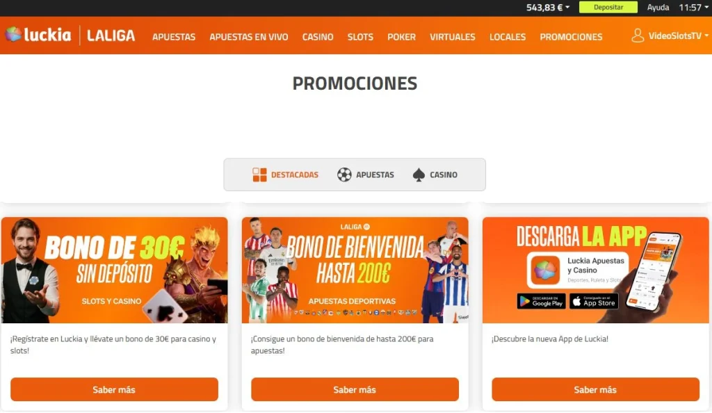 Luckia Casino promociones con bono 30€ sin depósito para slots y casino, bono bienvenida 200€ apuestas y app móvil