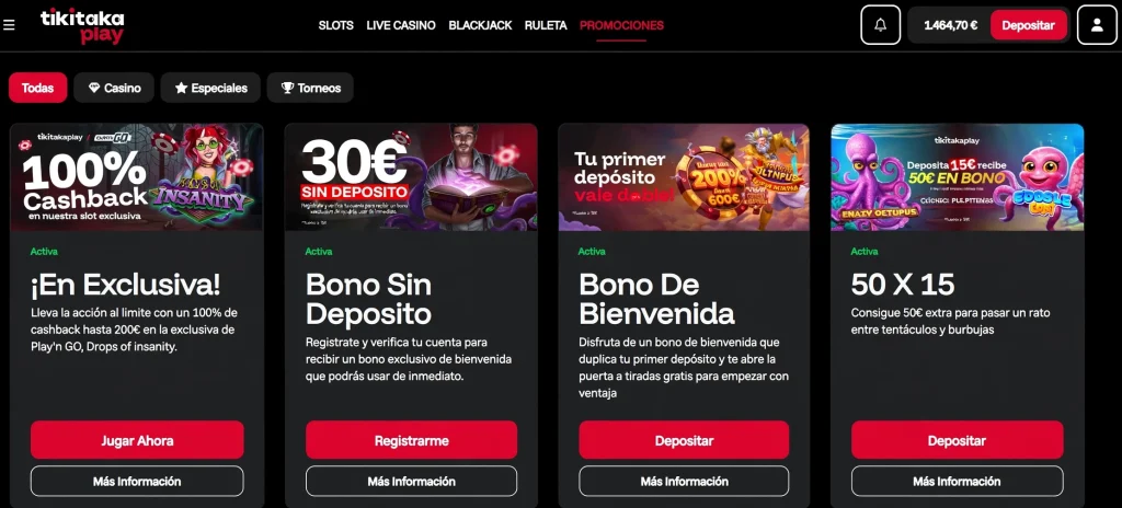 Promociones activas de Tikitaka Play Casino con bono sin depósito de 30€, cashback 100% hasta 200€ y bono de bienvenida 200%