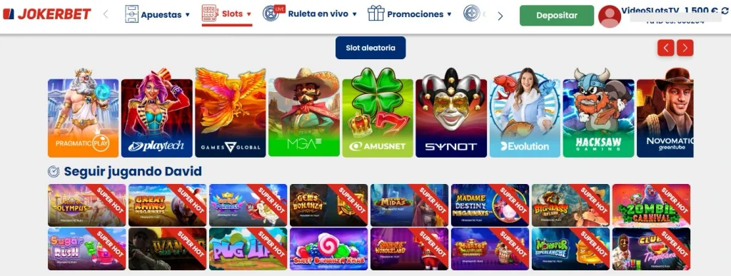 Lobby de slots de Jokerbet Casino con proveedores Pragmatic Play, Playtech, Games Global, MGA y sección Super Hot