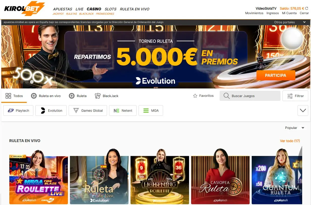 Lobby de Kirolbet Casino España con torneo de ruleta de 5.000€ y ruletas en vivo de Evolution y Playtech