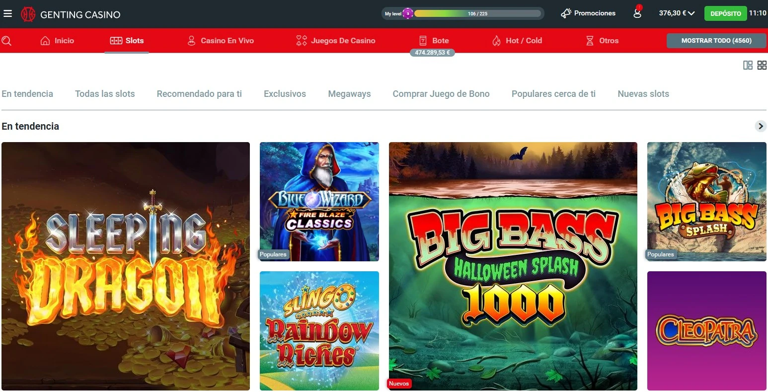 Lobby de slots de Genting Casino con juegos en tendencia como Sleeping Dragon y Big Bass Halloween Splash 1000 y bote acumulado de 474.289,53€