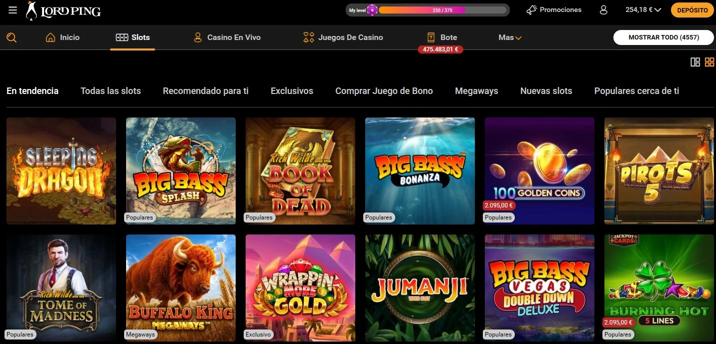 Lobby de slots de Lord Ping Casino con juegos en tendencia Sleeping Dragon, Big Bass Splash y bote acumulado 475.483€
