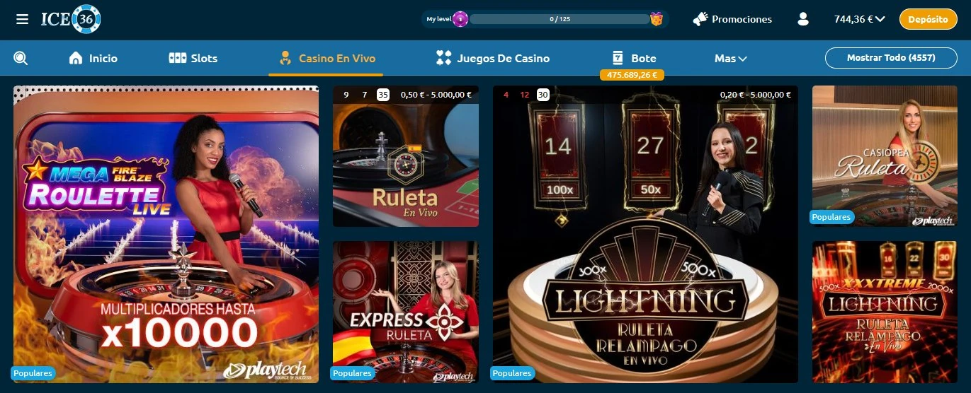Lobby de casino en vivo de ICE36 Casino con ruletas Mega Fire Blaze, Lightning Ruleta Relámpago y bote 475.689€
