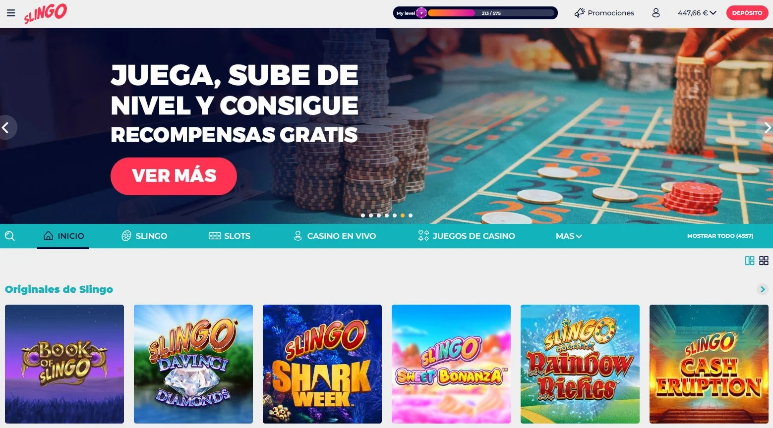 Lobby de Slingo Casino España con promoción juega sube de nivel y consigue recompensas gratis y originales de Slingo