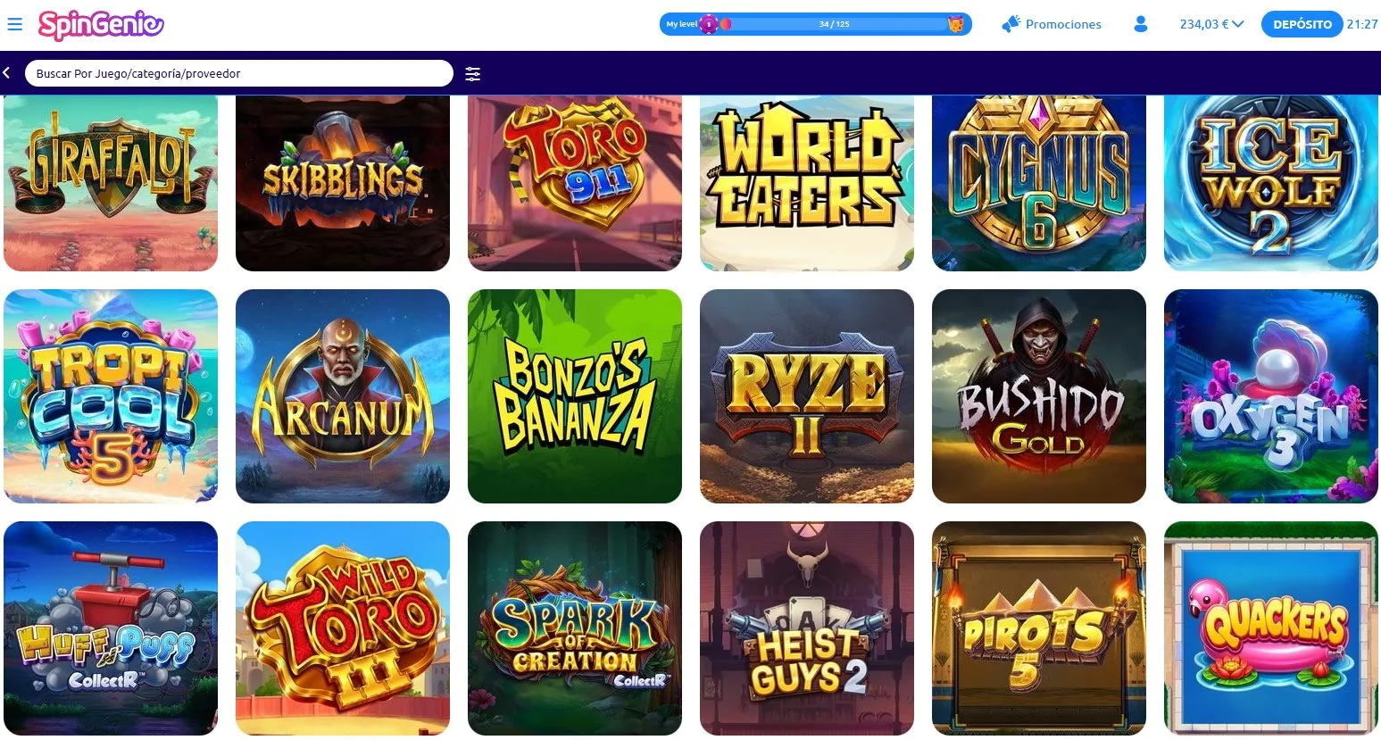 Lobby de juegos de Spin Genie Casino España con más de 2000 slots como Giraffalot, Toro 911 y Cygnus 6
