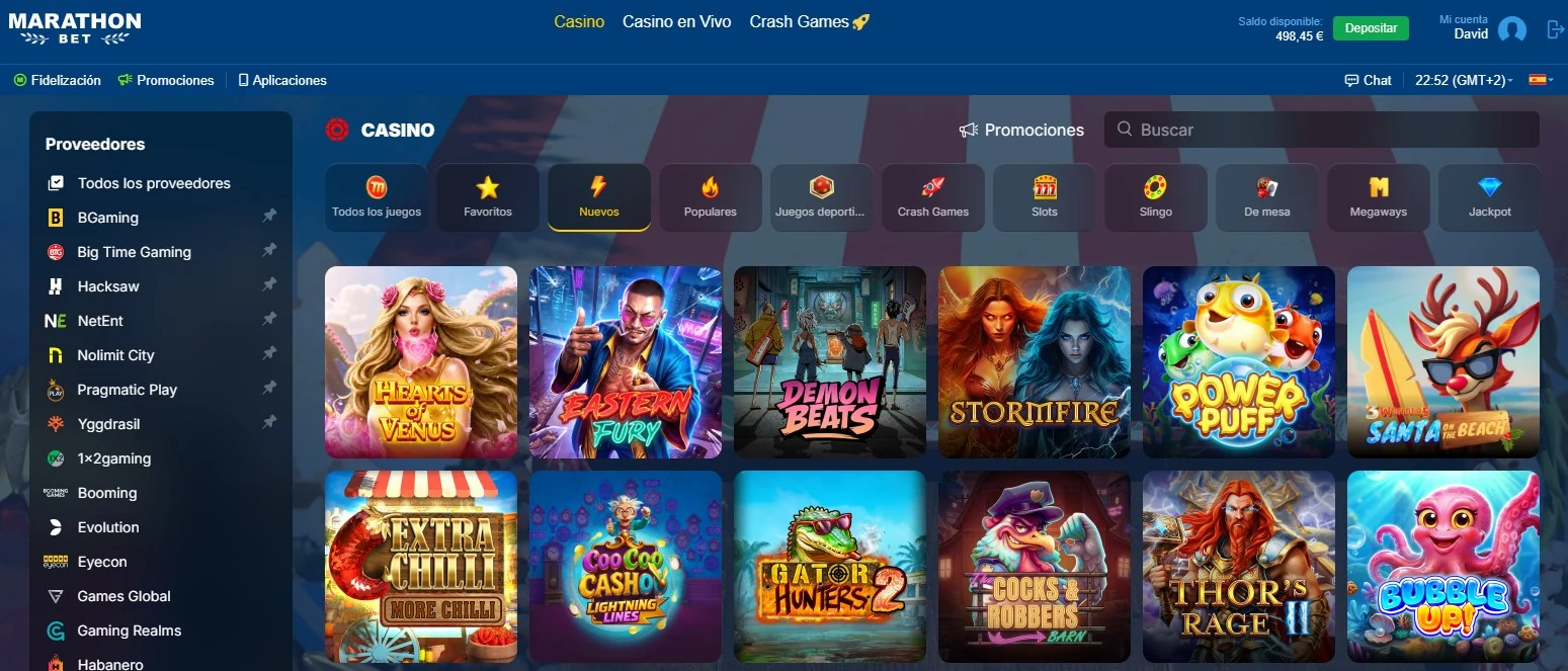 Lobby de Marathonbet Casino España en sección Nuevos con saldo disponible 498,45€ y proveedores BGaming, Big Time Gaming, Hacksaw, NetEnt