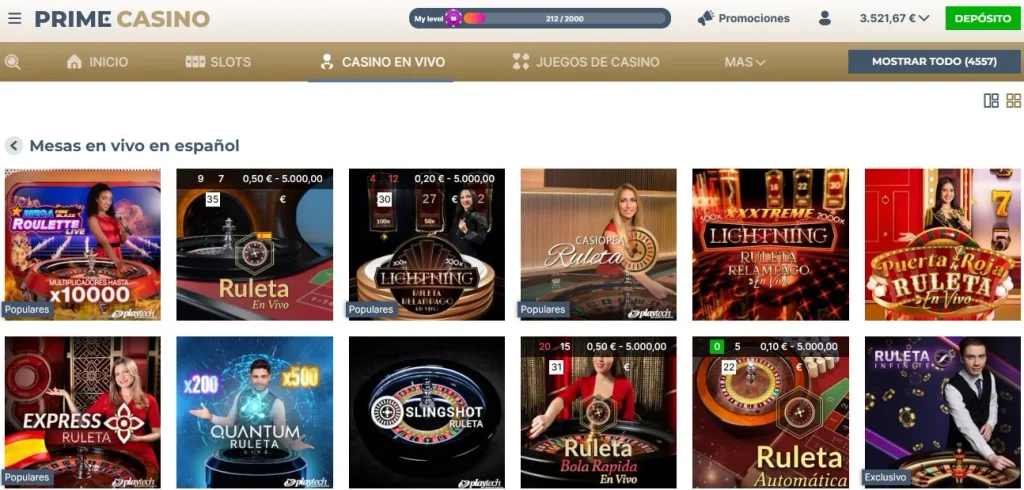 Mesas en vivo en español de Prime Casino con ruletas Mega Roulette, Lightning y Puerta Roja
