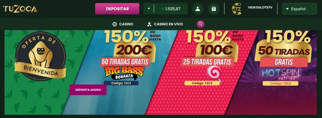 Oferta de bienvenida Tuzoca Casino - 150% de bono hasta 200€ Bono de bienvenida de Tuzoca Casino con 150% hasta 200€ y 50 tiradas gratis en Big Bass Bonanza