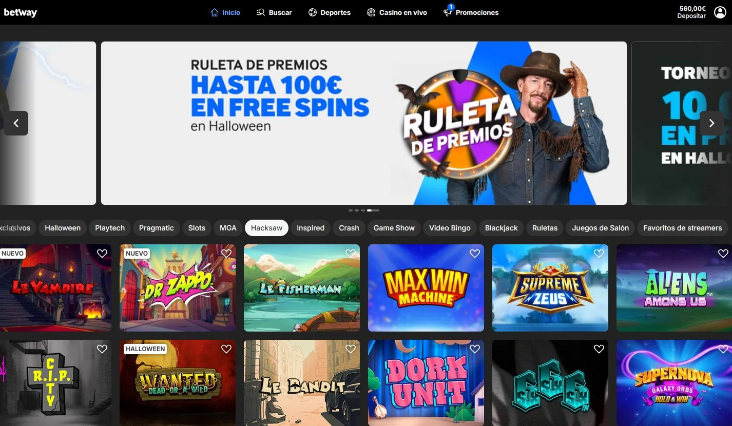 Lobby de slots de Betway Casino España con promoción Ruleta de Premios hasta 100€ en Free Spins Halloween y proveedores Hacksaw, Pragmatic Play, Playtech y MGA