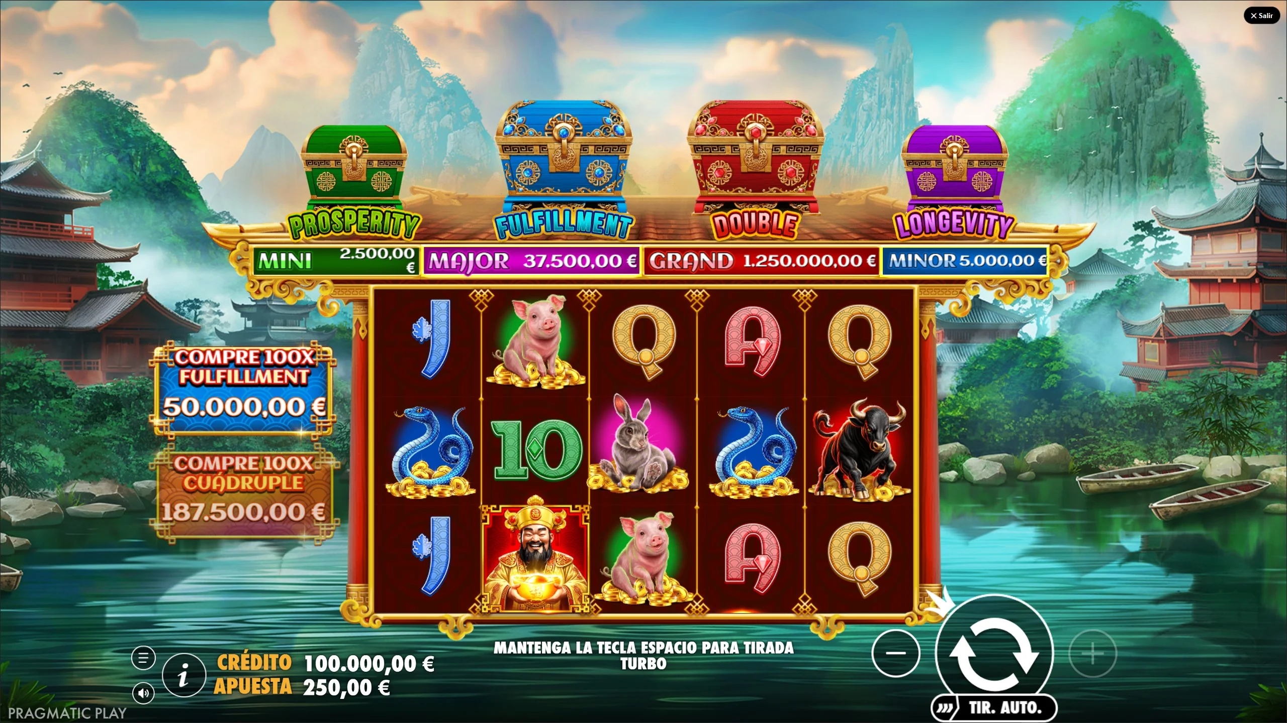 Chests Of Cai Shen Infinity demo gratis gameplay con 4 cofres superiores Prosperity Fulfillment Double Longevity y jackpots Mini 2.500€ Major 37.500€ Grand 1.250.000€ Minor 5.000€