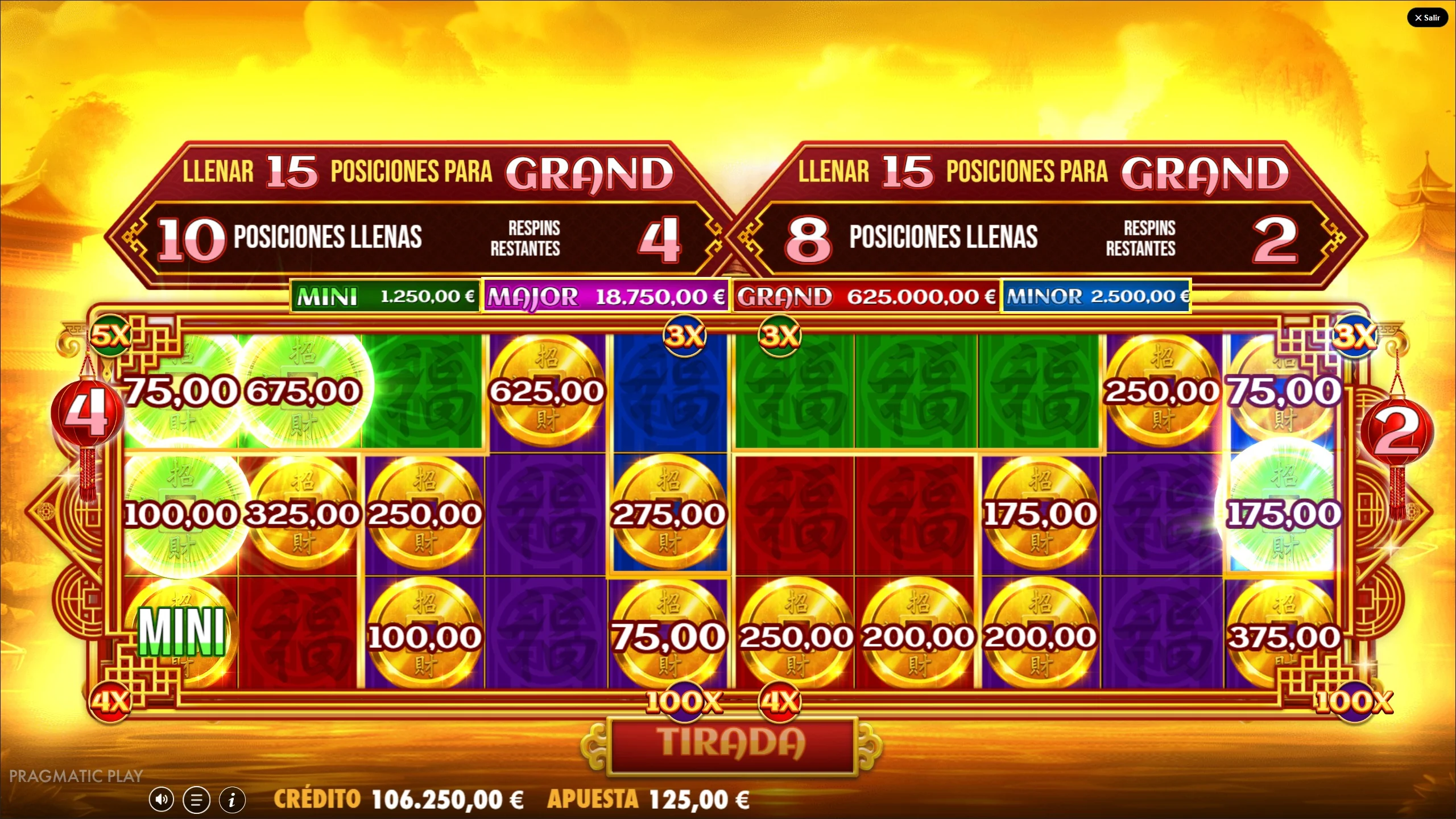Chests Of Cai Shen Infinity demo gratis respins con doble parrilla 5x3, monedas con valores 75€ a 675€, multiplicadores 3x 4x 5x 100x, posiciones llenas 10 y 8 para premio Grand