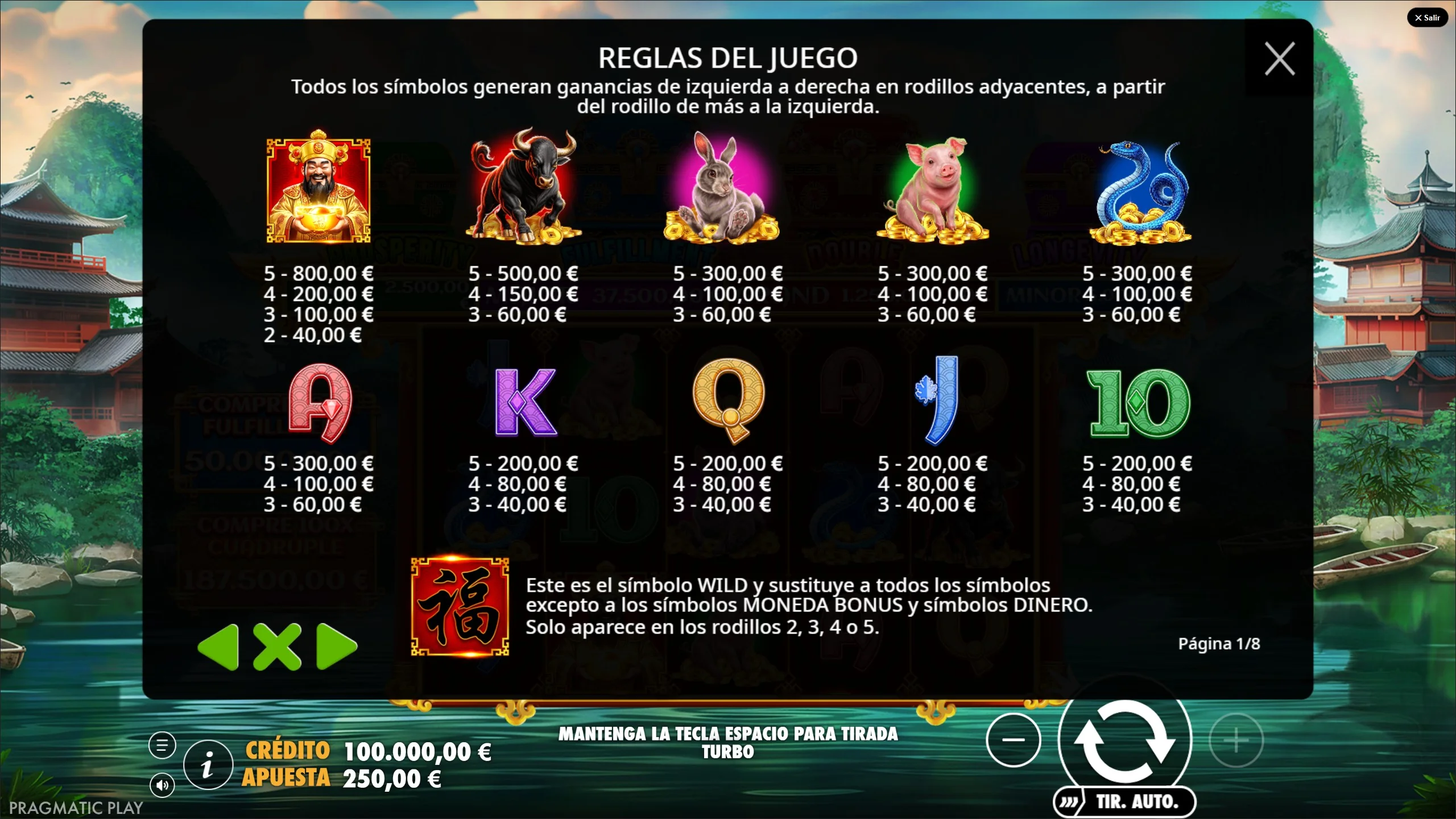 Tabla de pagos Chests Of Cai Shen Infinity demo gratis - Cai Shen paga 800€ con 5 símbolos, Toro 500€, Conejo Cerdito Serpiente 300€, WILD Fu aparece en rodillos 2 a 5