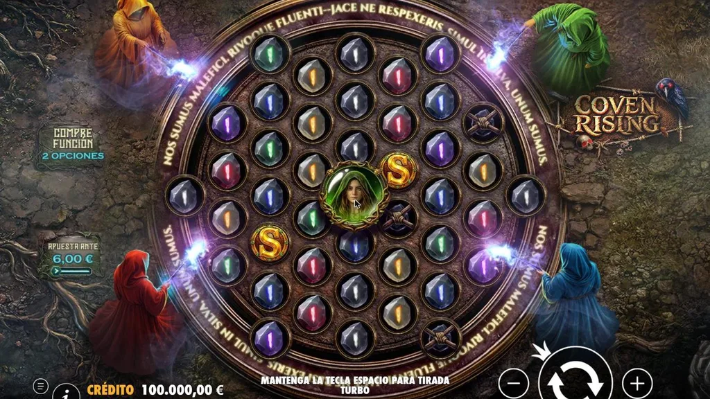 Coven Rising demo gratis: cuadrícula circular con las cuatro brujas