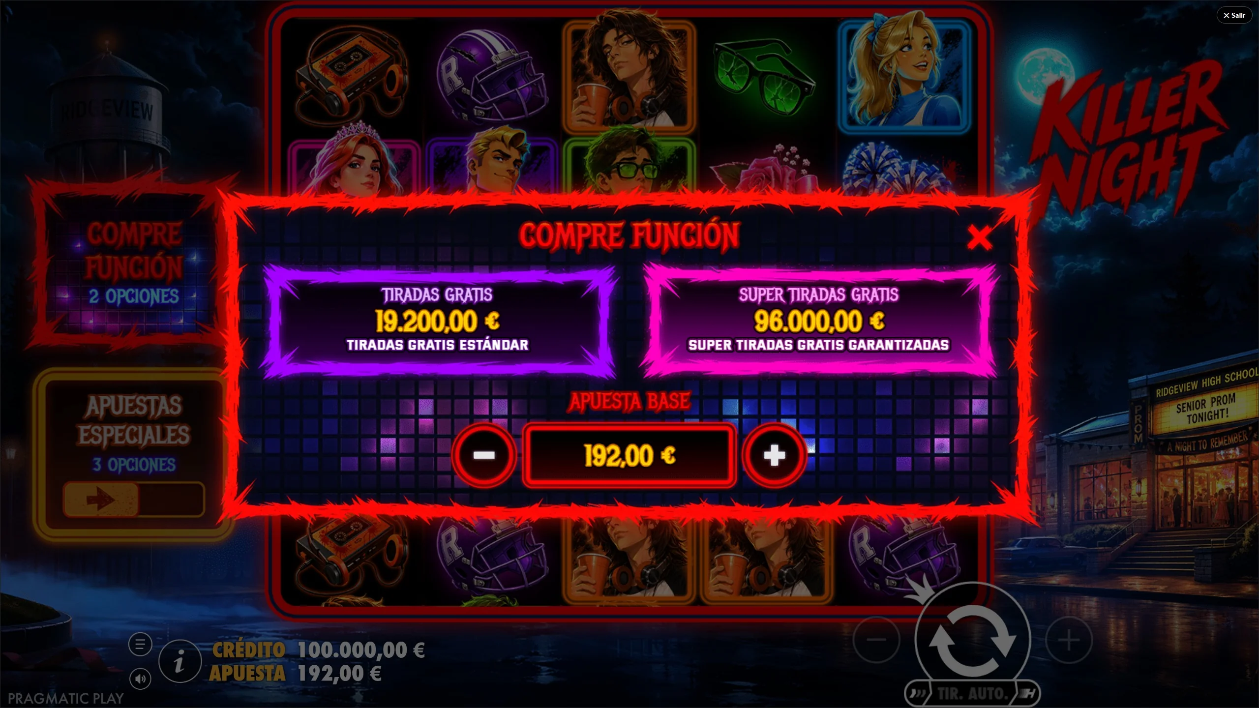 killer night demo gratis compra función - Tiradas Gratis estándar 19.200€ y Super Tiradas Gratis garantizadas 96.000€ con 3 Wilds expansivos garantizados apuesta base 192€