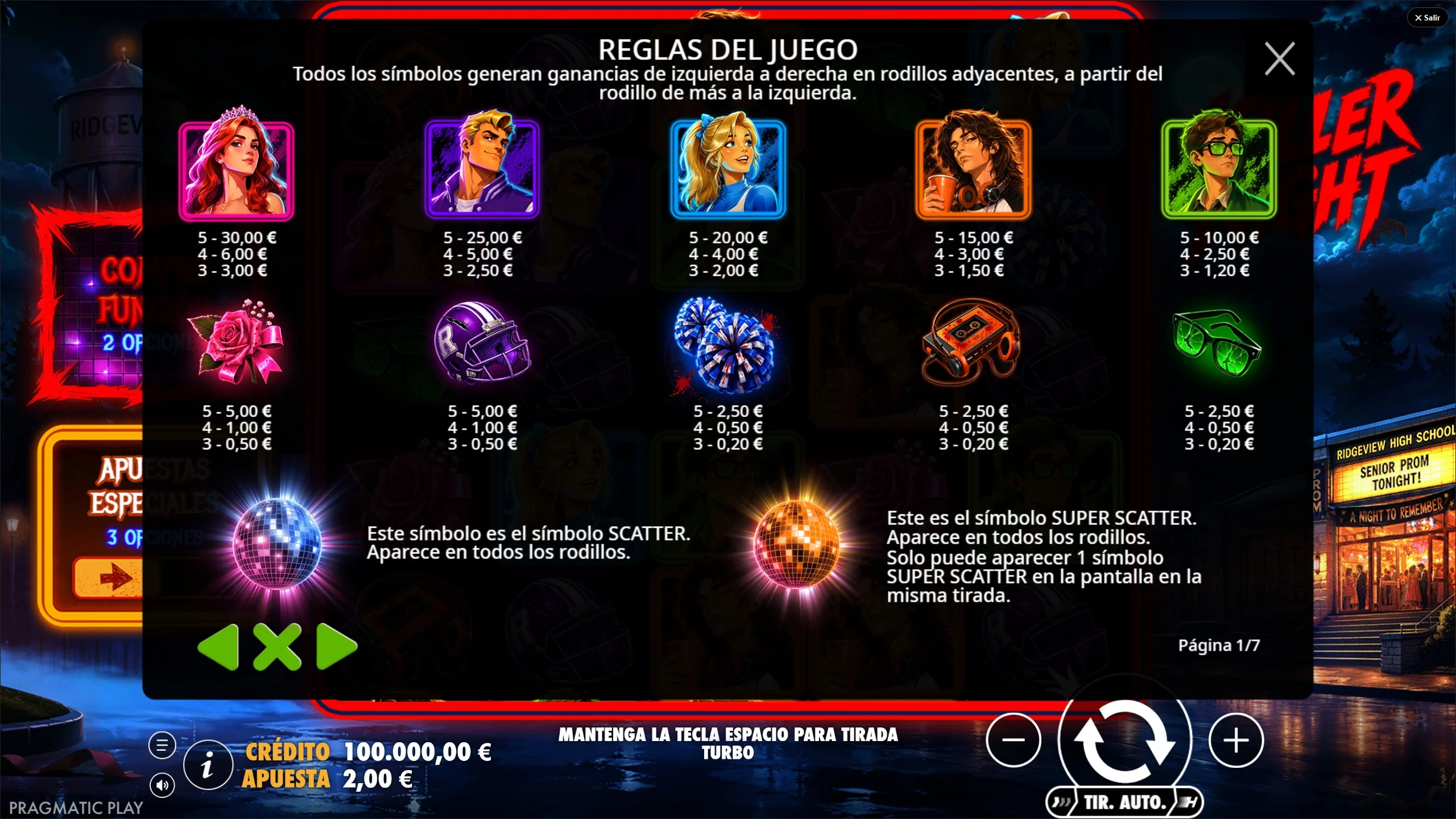 killer night demo gratis tabla de pagos - Prom Queen 5 símbolos 30€, Quarterback 25€, Cheerleader 20€,Scatter bola discoteca y Super Scatter dorado que activa Super Giros