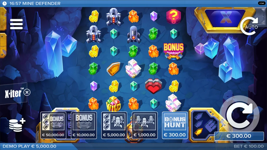 mine defender demo gratis gameplay grid 6x5 con enemigos robots simbolo bonus wild y funcion X-iter compra bono