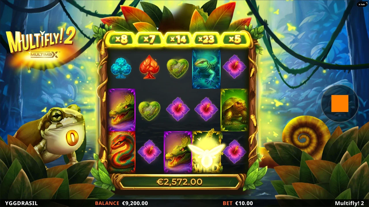 multifly 2 multimax demo gratis gameplay con multiplicadores x8 x7 x14 x23 x5 y Wild con luciérnaga