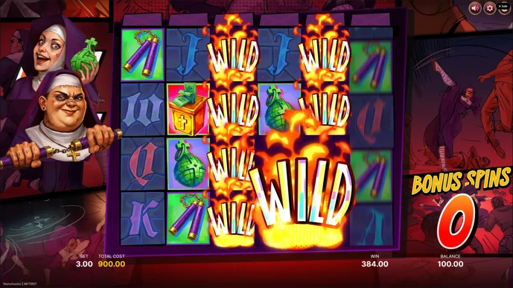 Ronda de Bonus Spins en Nunchucks con rodillos llenos de Wilds en llamas