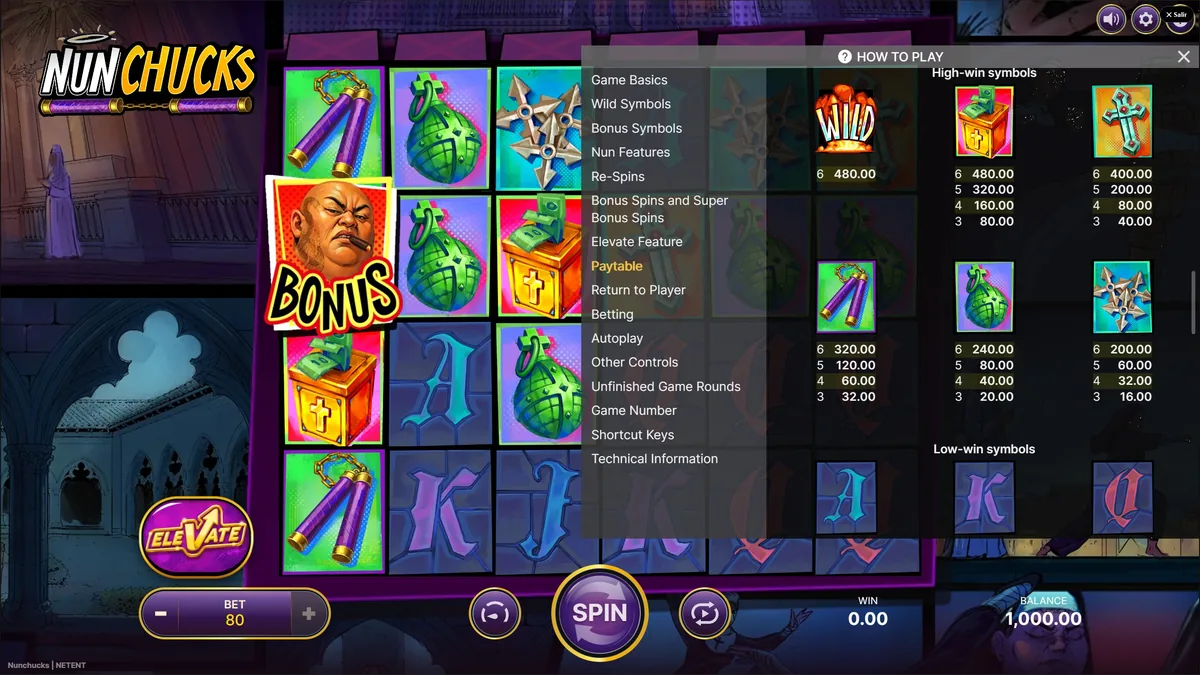 Tabla de pagos de Nunchucks slot - símbolos de alto y bajo valor y premios