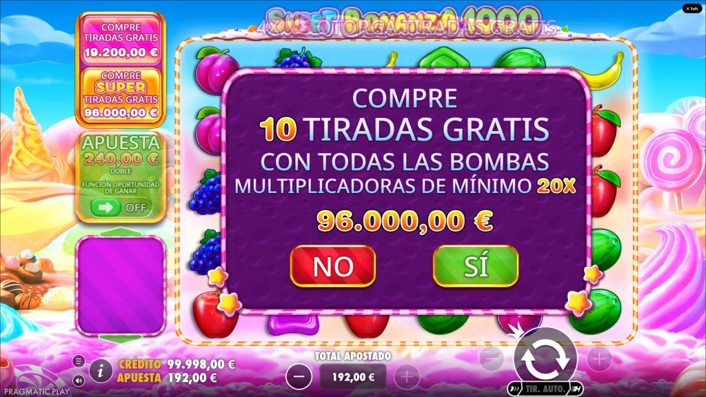 Opción de compra de bono en Sweet Bonanza 1000 demo gratis con 10 tiradas gratis y bombas multiplicadoras mínimo 20x