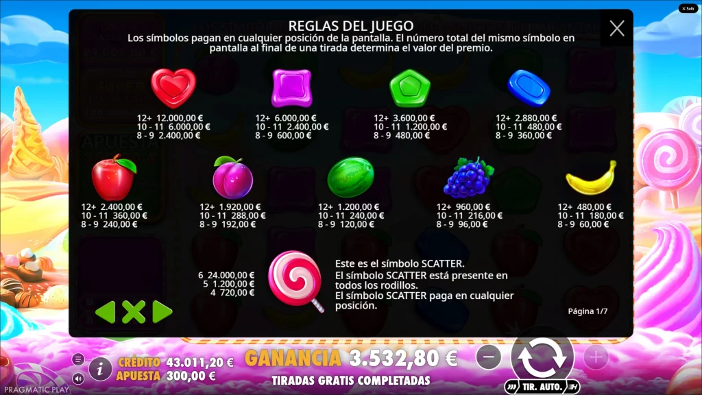 Tabla de pagos de Sweet Bonanza 1000 demo gratis con valor de los símbolos y símbolo Scatter
