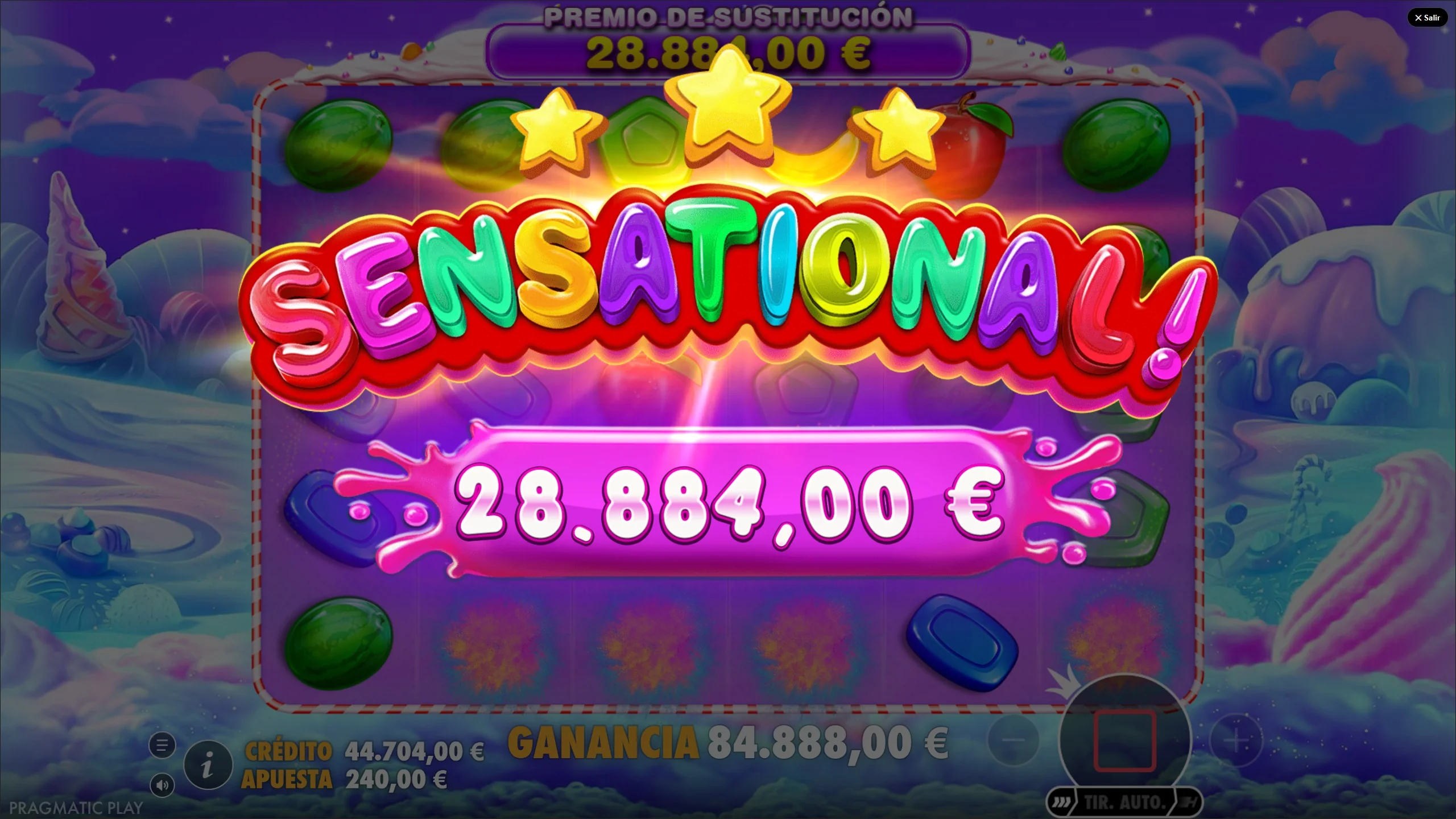 Sweet Bonanza demo gratis con ganancia Sensational de 28.884,00 euros - premio sustitución con apuesta 240€ en slot Pragmatic Play