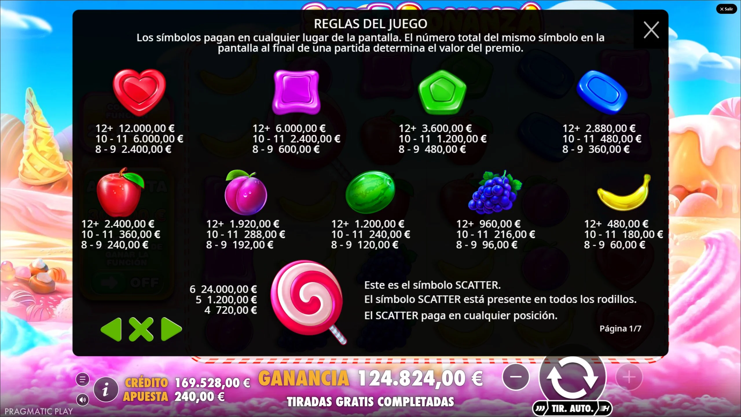 Tabla de pagos Sweet Bonanza demo gratis - reglas del juego: los símbolos pagan en cualquier lugar, corazón rojo 12+ paga 12.000€, piruleta Scatter paga en cualquier posición
