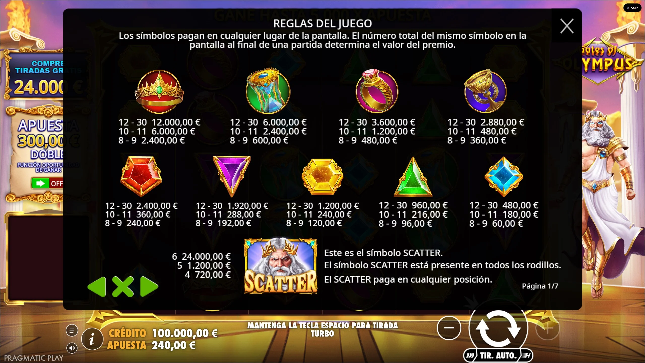 Tabla de pagos Gates of Olympus demo gratis - símbolos Corona, Reloj, Anillo, Cáliz, gemas y Scatter Zeus que paga en cualquier posición